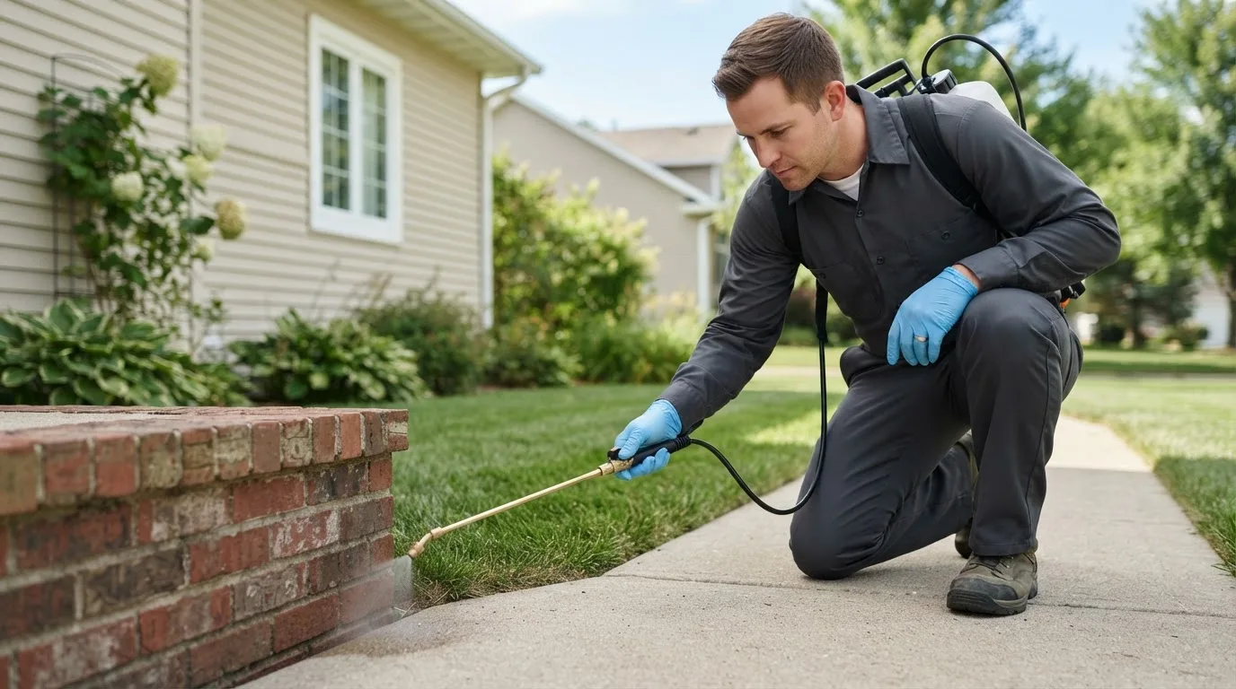 Pest control technician treating a home near Carp Lake, MI