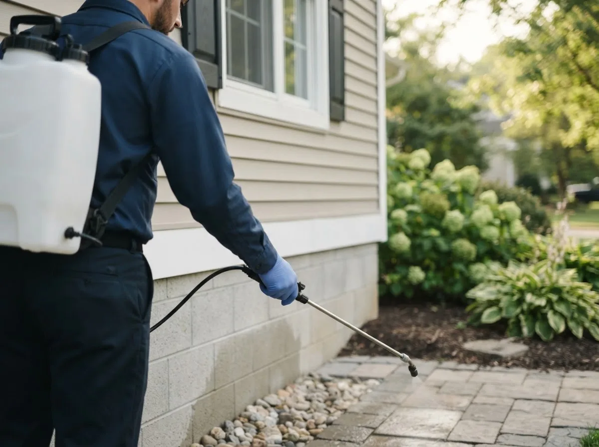 Pest control technician inspecting a home in Carp Lake, MI